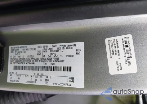 2020 Ford F-150 Xlt из США, поврежденный, VIN 1FTEW1EP5LKD86391